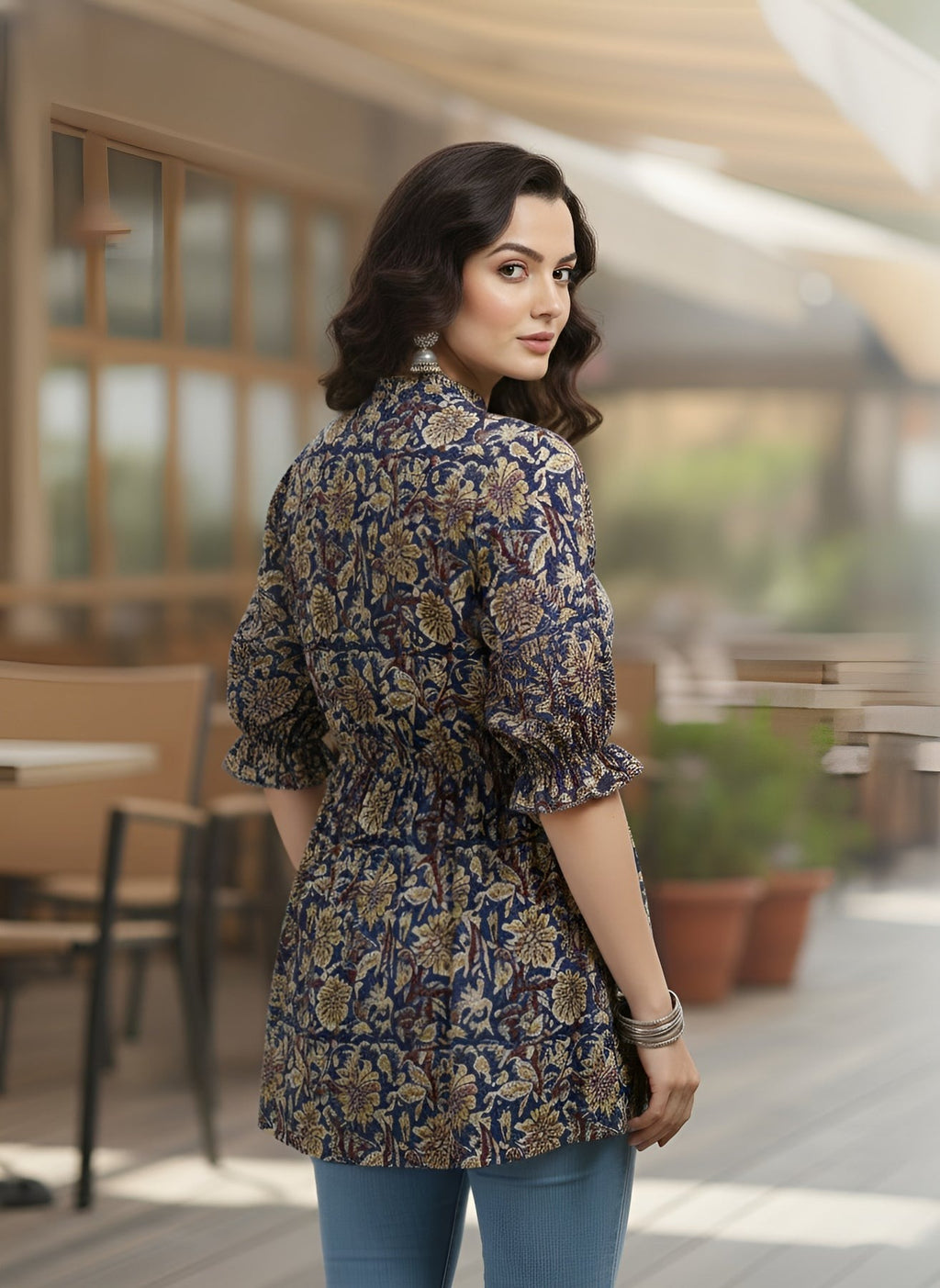 Blue Floral Printed Cotton Peplum Top