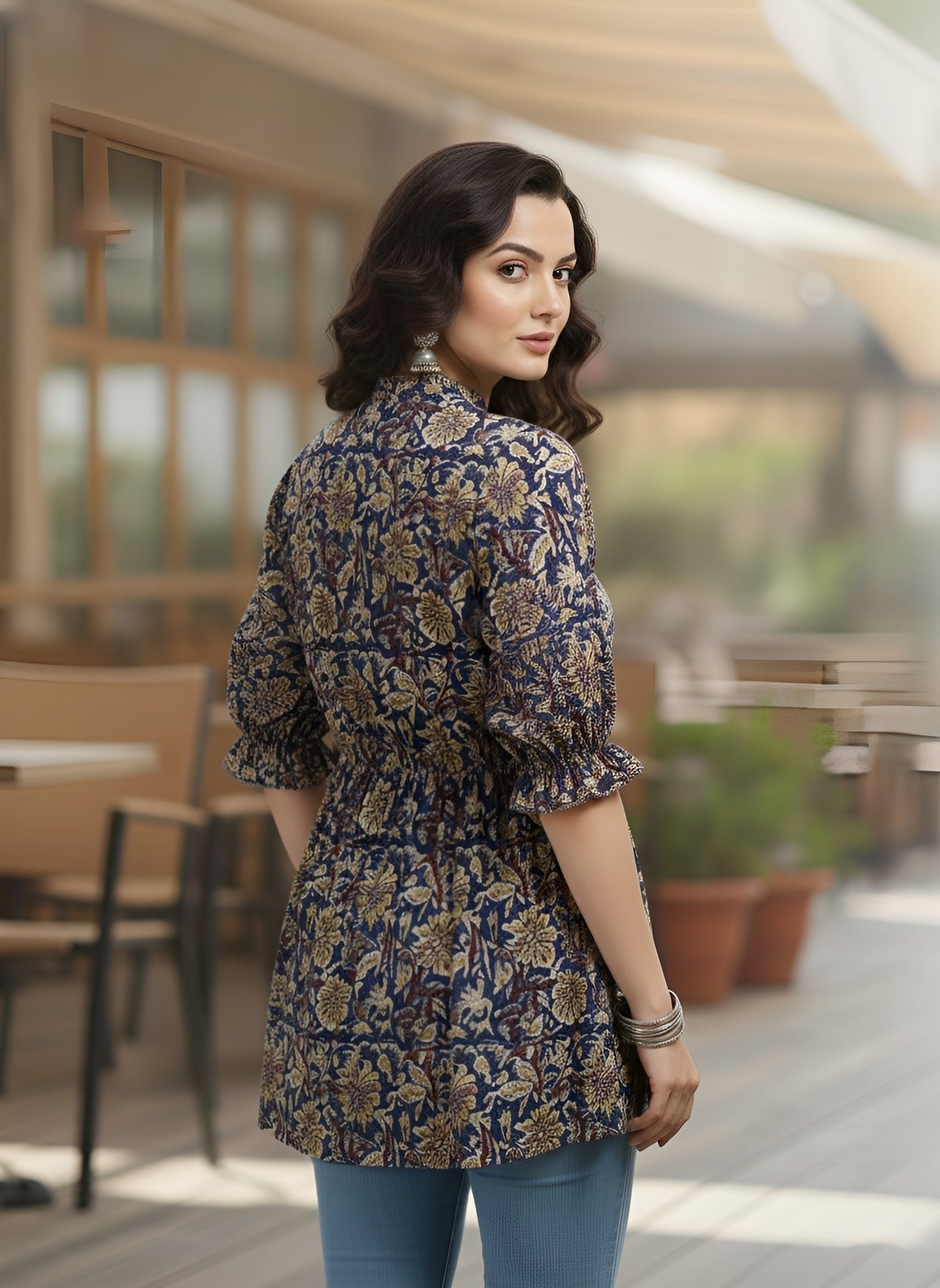 Blue Floral Printed Cotton Peplum Top