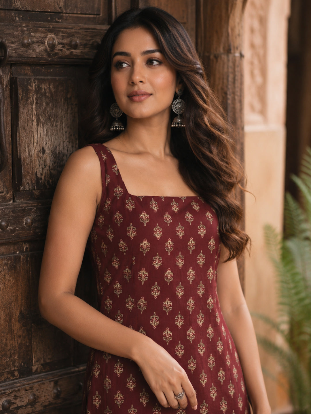 Maroon Soft cotton Printed Sleeveless Short  Kurti Top ( Top Only)