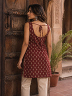 Maroon Soft cotton Printed Sleeveless Short  Kurti Top ( Top Only)