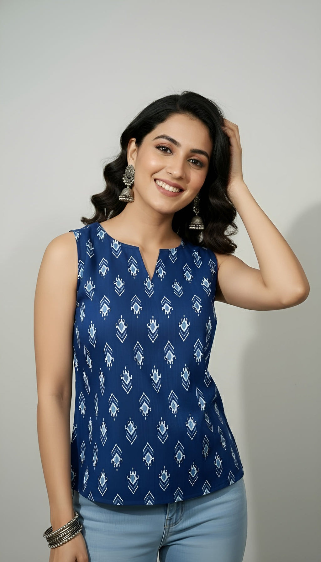 Blue Cotton Geometric Printed Top