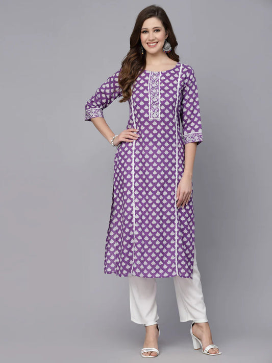 Purple & White Floral Printed Rayon Kurti Top with Lace work