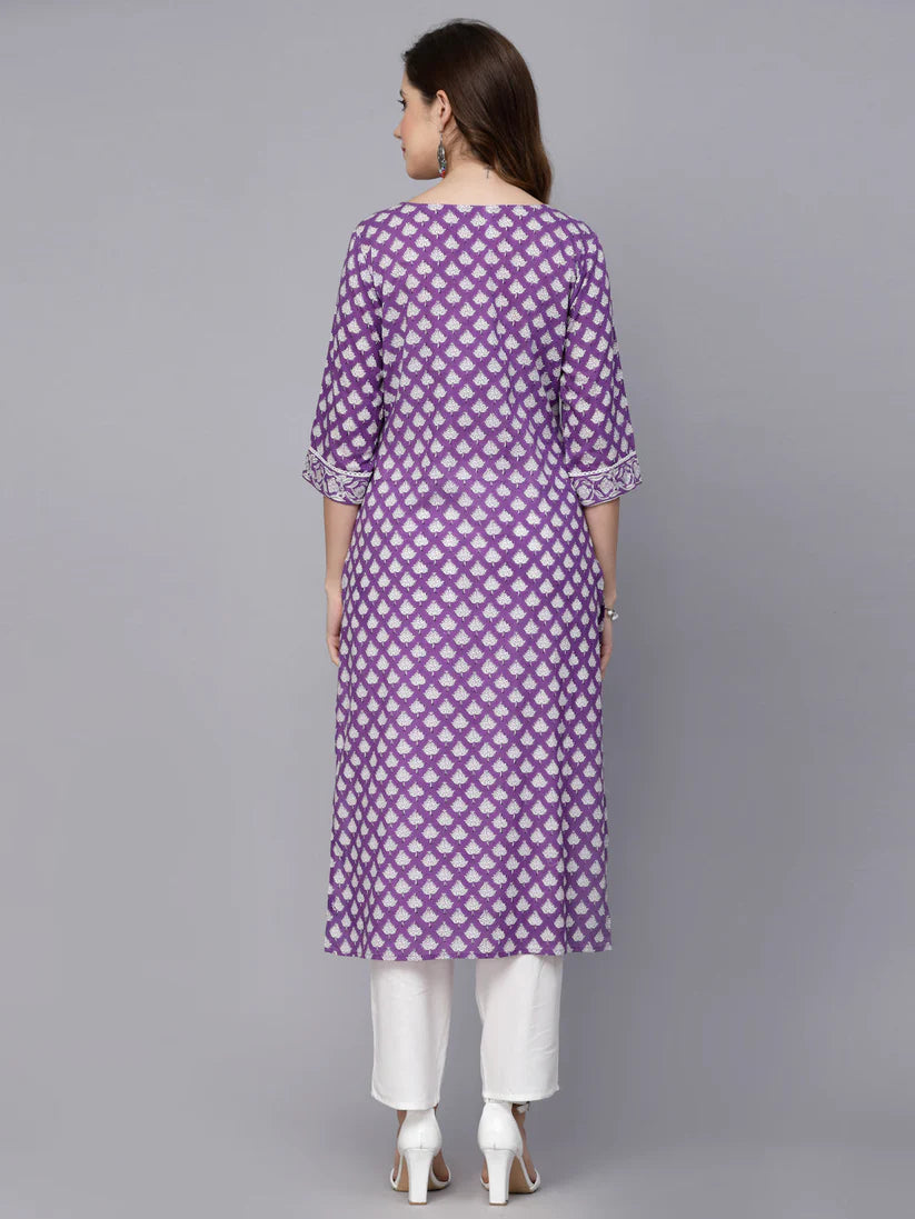 Purple & White Floral Printed Rayon Kurti Top with Lace work