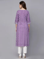 Purple & White Floral Printed Rayon Kurti Top with Lace work