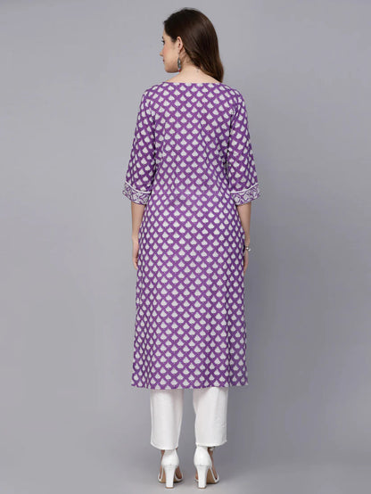 Purple & White Floral Printed Rayon Kurti Top with Lace work
