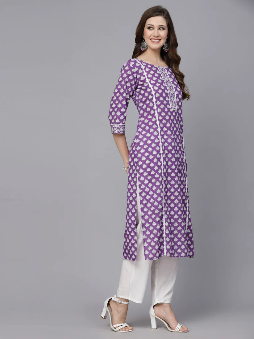 Purple & White Floral Printed Rayon Kurti Top with Lace work