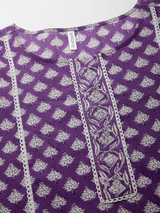 Purple & White Floral Printed Rayon Kurti Top with Lace work