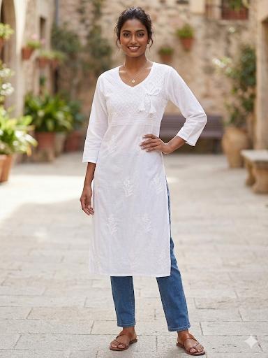White cotton Angrakha Chikankari Kurti Top ( Top Only)
