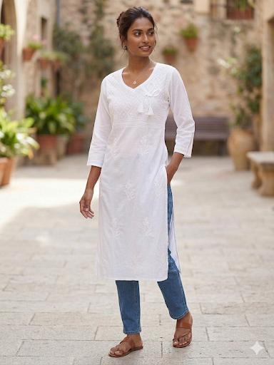 White cotton Angrakha Chikankari Kurti Top ( Top Only)