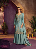 Dusty teal Mirror Emdroidered Chinon Silk Kurti With Flared Palazzo and Dupatta