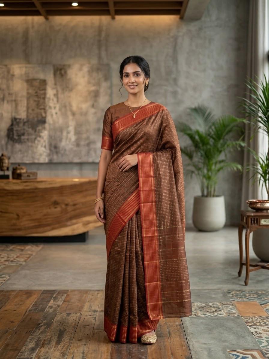 Golden Checkered  Soft Silk Sree With Contrast Border