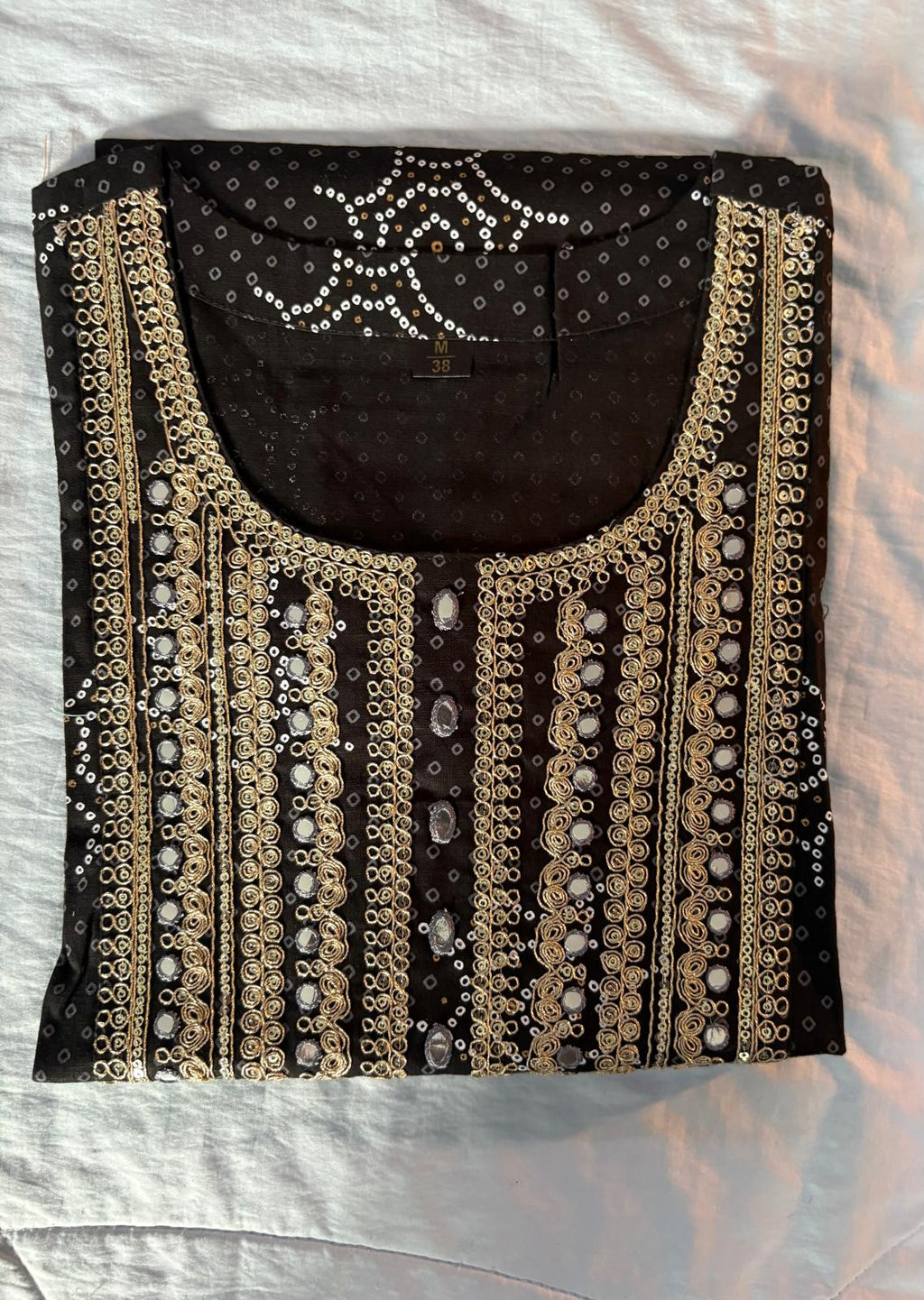 Black Bandhni Printed  Cotton Blend Kurti with Zari Embroidery And Mirror Work On The Yoke (Top Only)