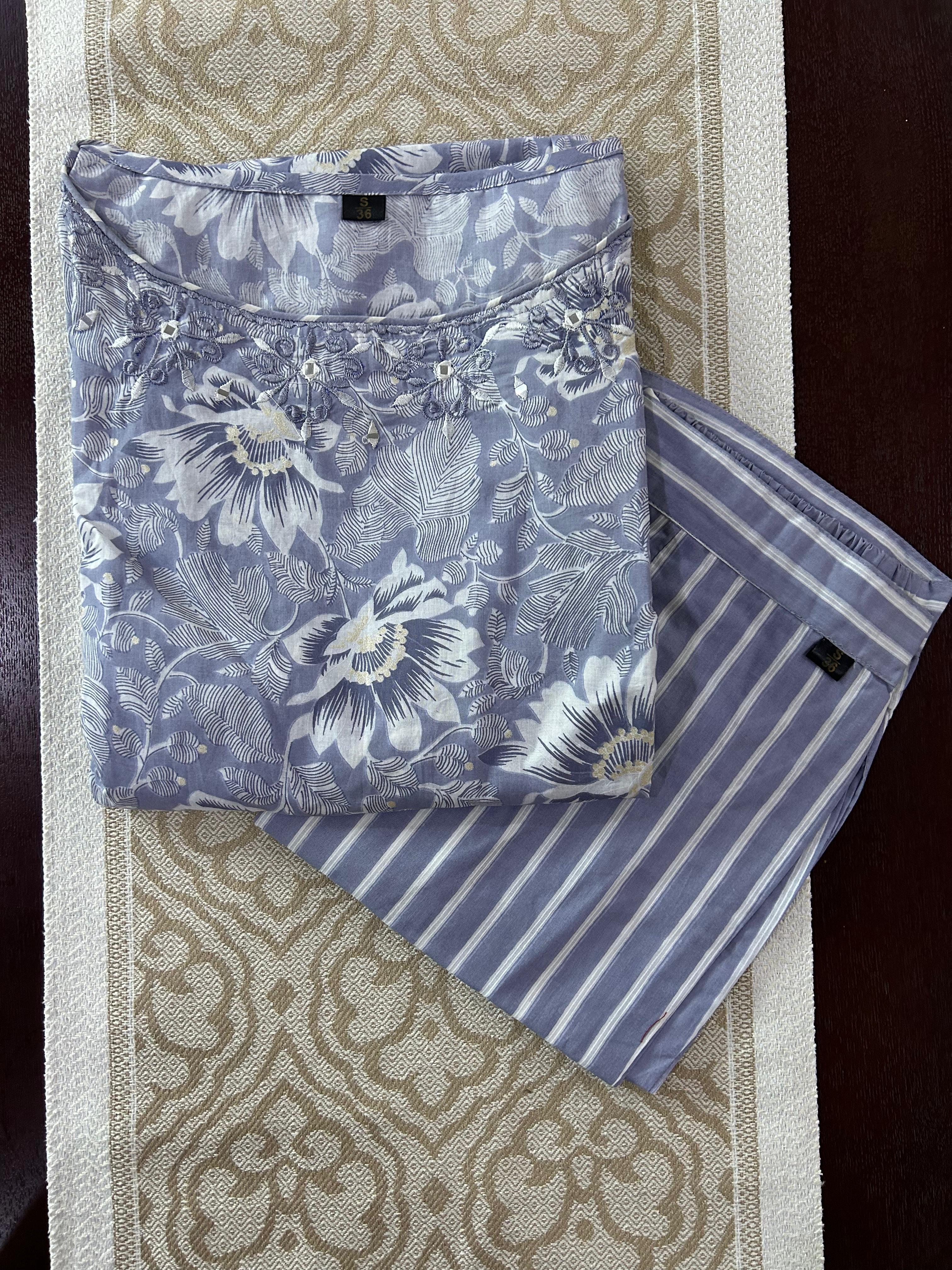 Bluish grey Embroidered Cotton Kurti Palazzo Set