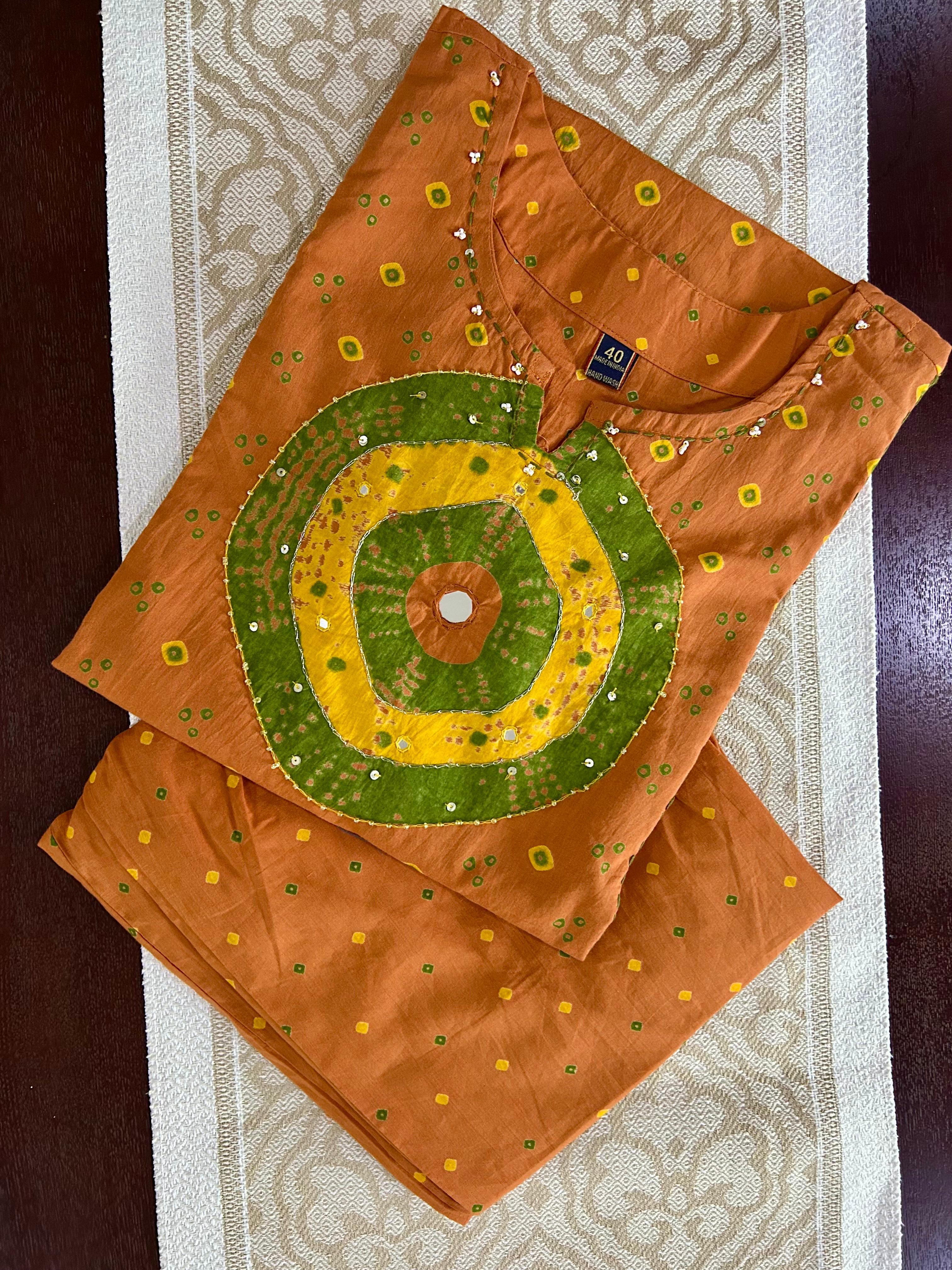 Orange Embroidered Cotton Kurti Palazzo Set