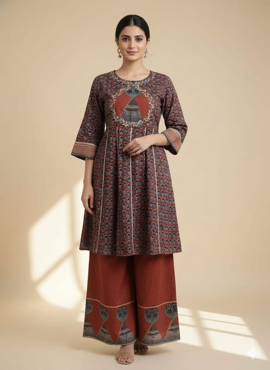 Pure cotton Medium Length Anarkali Kurti With Wide Leg Palazzo