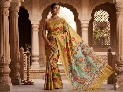 Kalamkari Printed Jaipur Crush Silk Saree