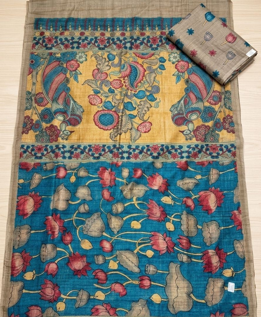 Kalamkari Printed Jaipur Crush Silk Saree