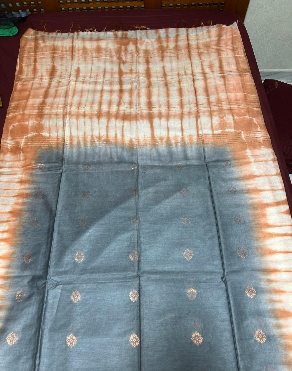 Grey& Rust Bhagalpuri Silk Handloom Saree with copper Zari Butta