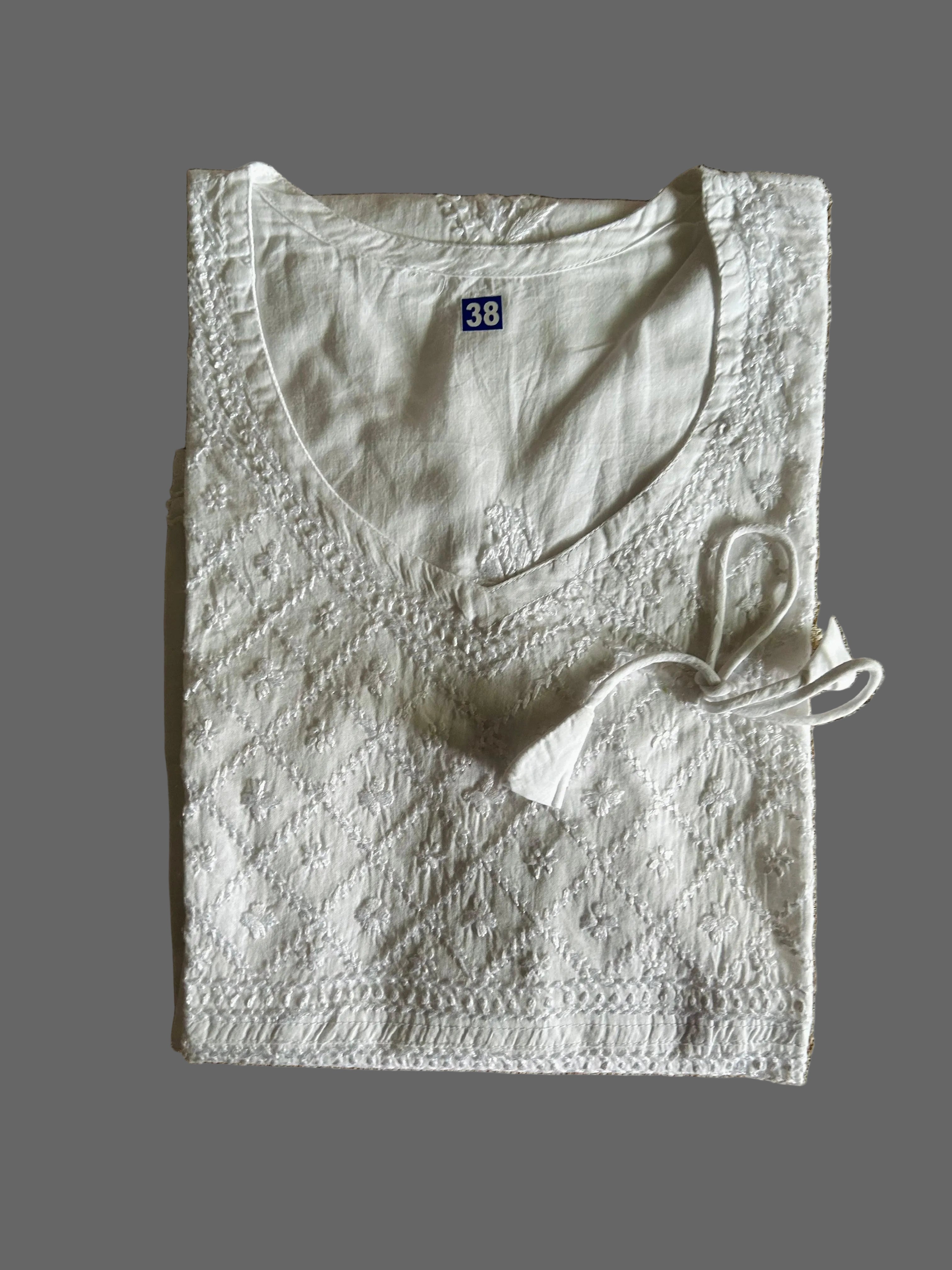 White cotton Angrakha Chikankari Kurti Top ( Top Only)