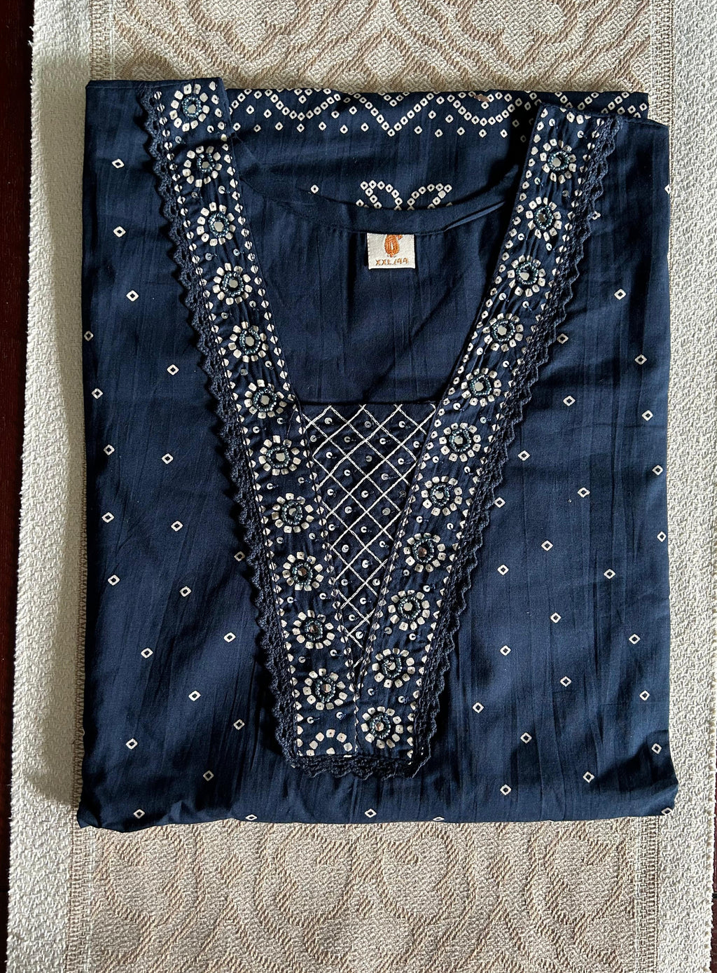 Navy Blue white  Printed Embroidered Cotton 3pc Kurti Set
