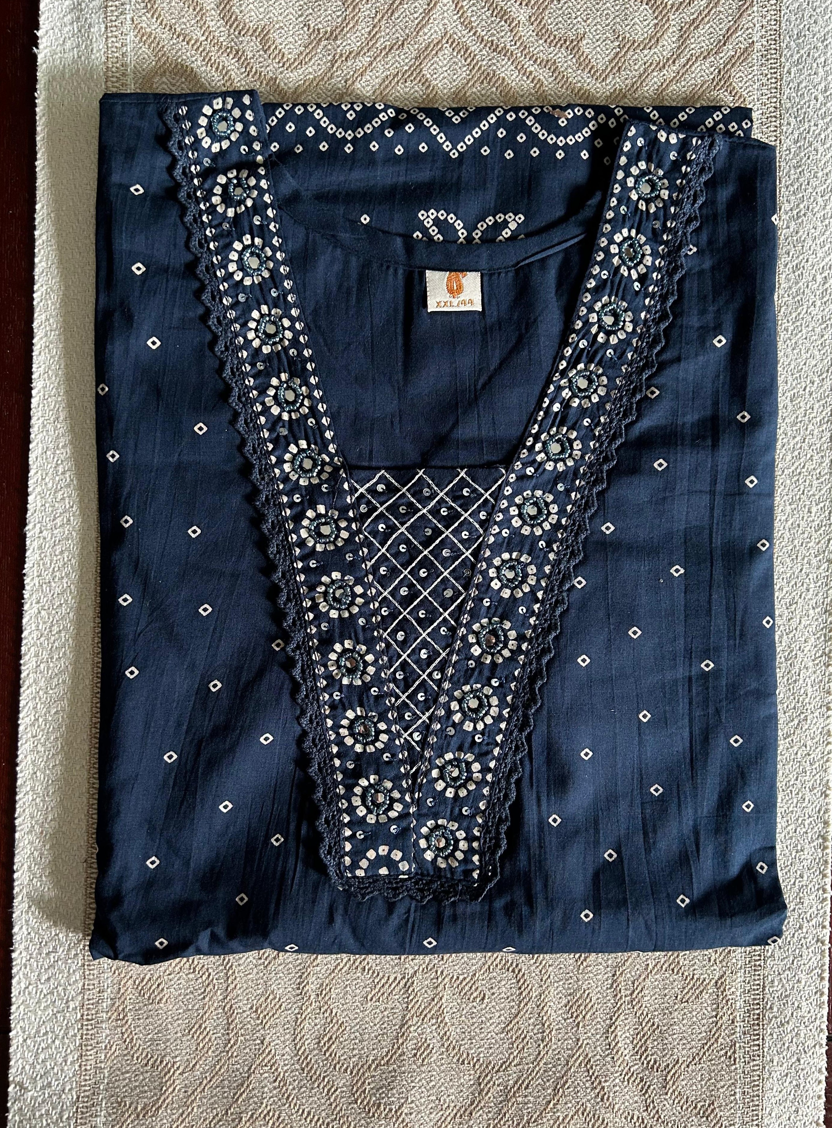 Navy Blue white  Printed Embroidered Cotton 3pc Kurti Set