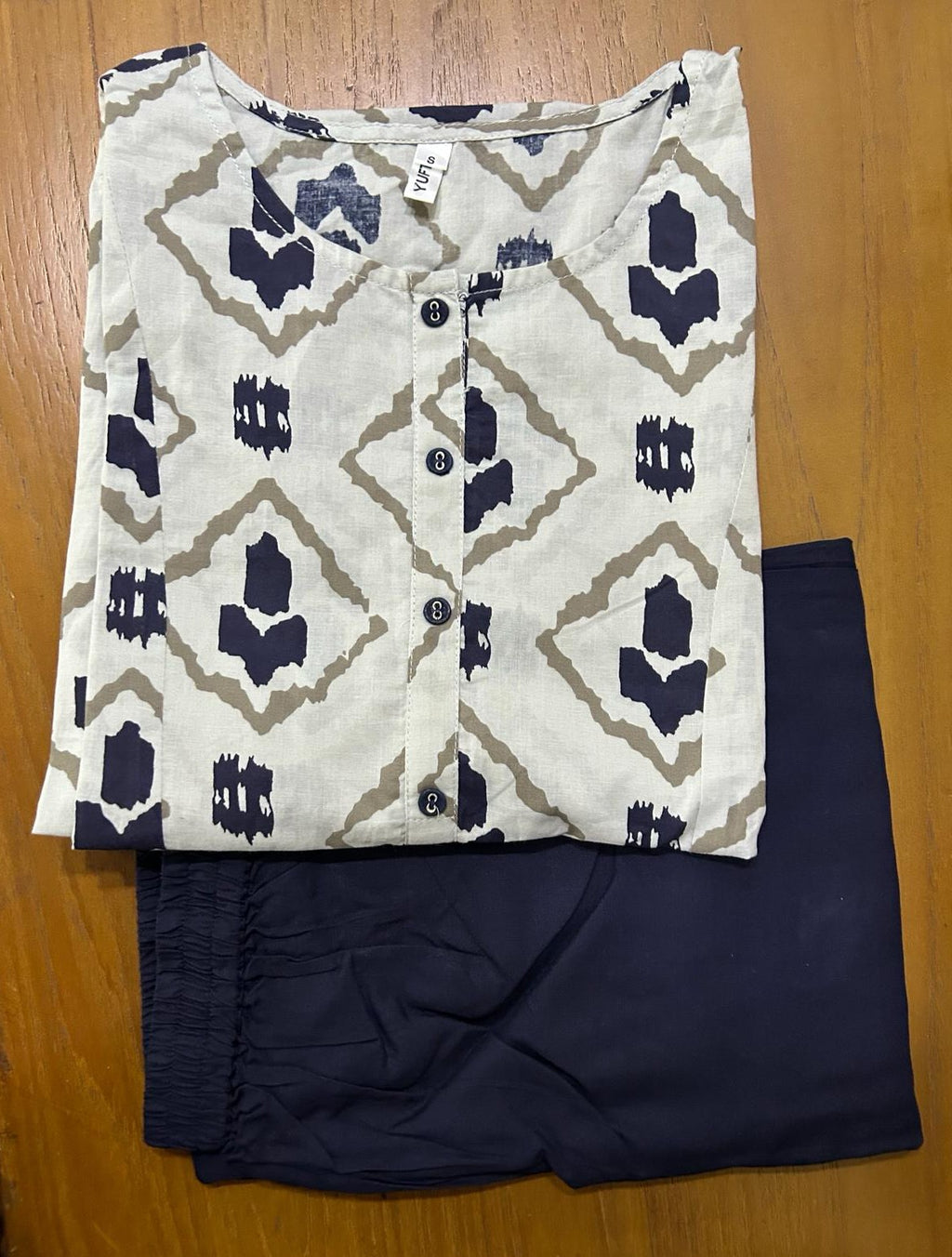 Grey Blue Printed Cotton Princes Cut Kurti Palazo Set (S to 4XL)