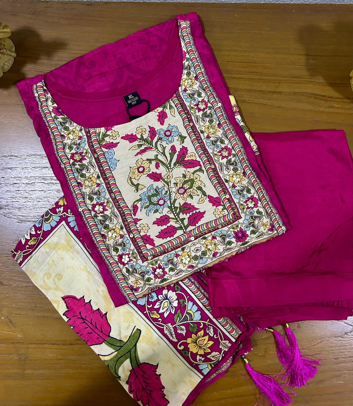 Rani Pink Printed Embroidered Butter Muslin Kurti Set with Dupatta