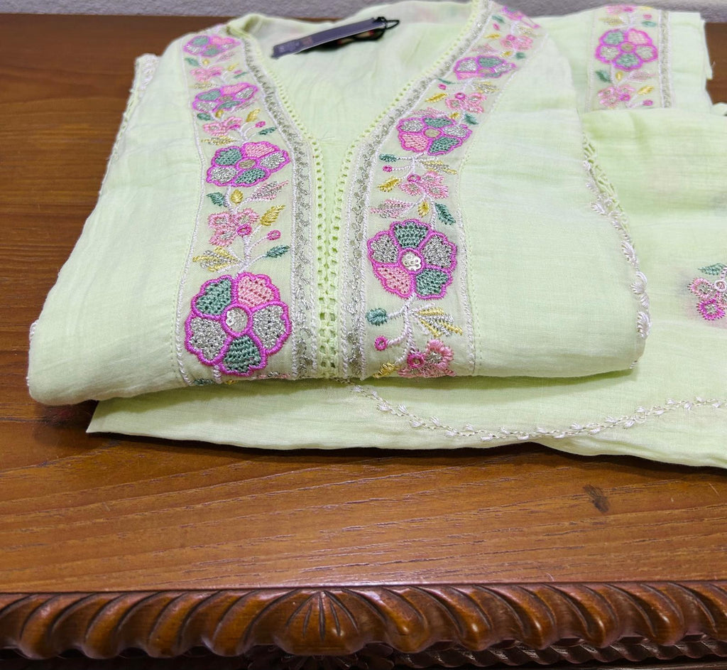 Heavy Embroidered Mul Cotton Kurti With Palazzo and Dupatta