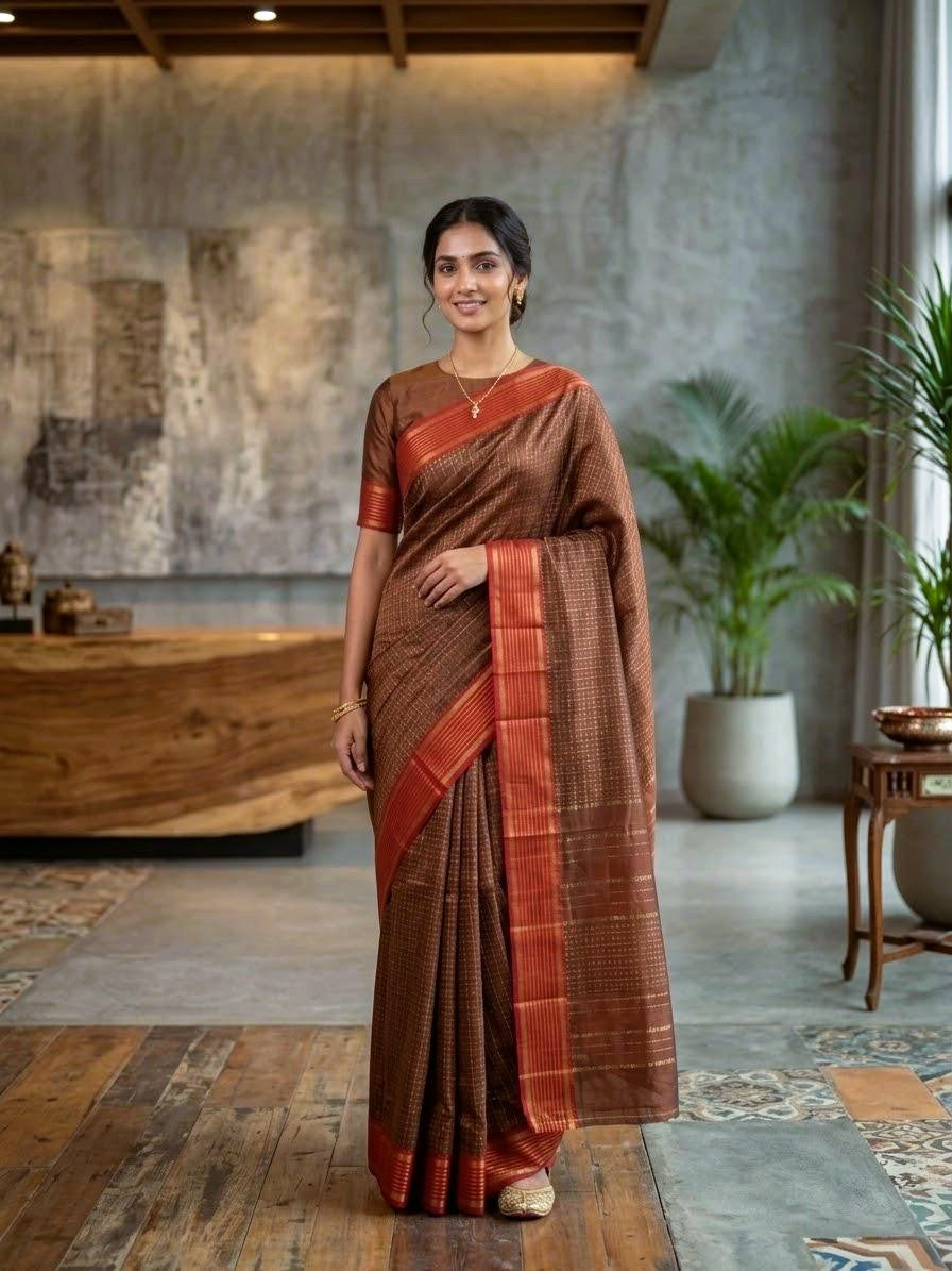 Golden Checkered  Soft Silk Sree With Contrast Border