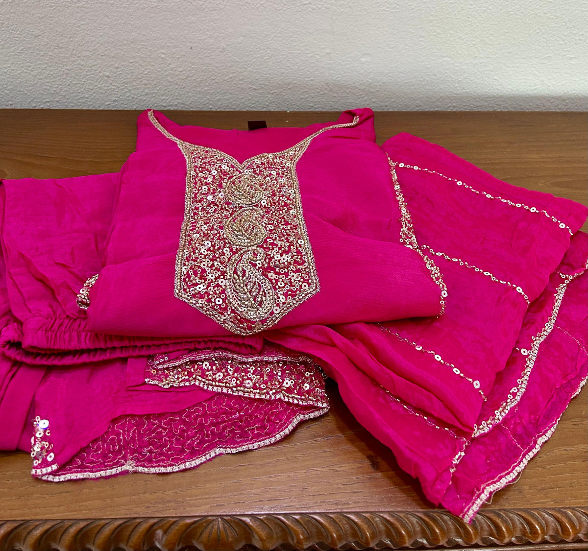 Pink Sequins Emdroidered Chinon Silk Short Kurti With  Palazzo and Dupatta