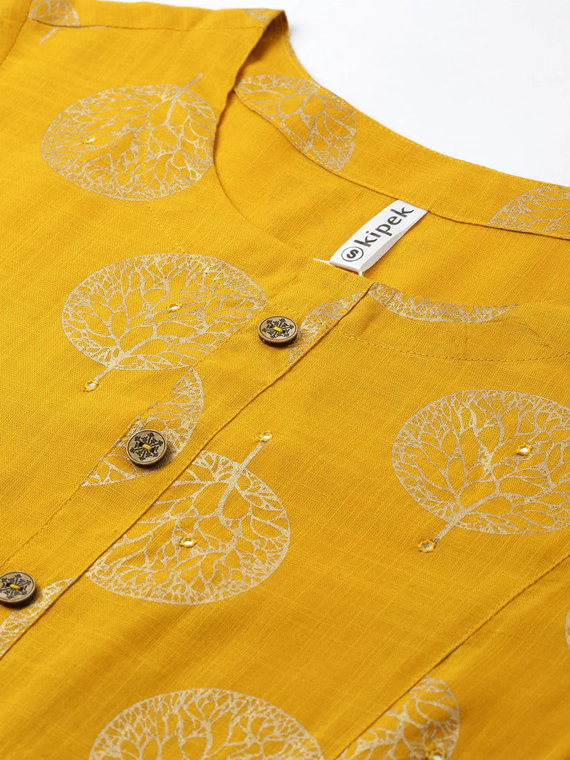 Yellow & Gold Printed Rayon Kurti Top