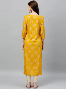 Yellow & Gold Printed Rayon Kurti Top