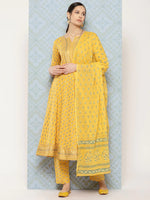 Load image into Gallery viewer, Yellow &amp; Teal Blue Gold Foil Printed Pure Cotton Flared Kurti With Pants &amp; Dupatta
