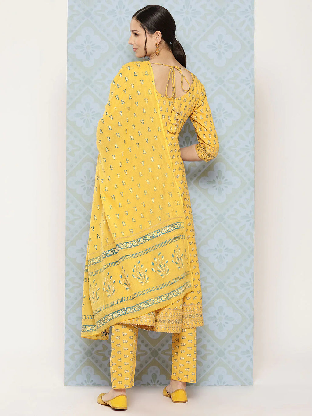 Yellow & Teal Blue Gold Foil Printed Pure Cotton Flared Kurti With Pants & Dupatta