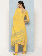 Yellow & Teal Blue Gold Foil Printed Pure Cotton Flared Kurti With Pants & Dupatta