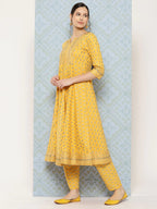 Yellow & Teal Blue Gold Foil Printed Pure Cotton Flared Kurti With Pants & Dupatta