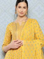 Yellow & Teal Blue Gold Foil Printed Pure Cotton Flared Kurti With Pants & Dupatta