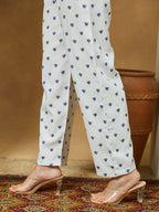 White & Blue Cotton Floral PrintedSemi Flared kurti set