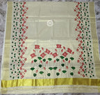 Kerala Tissue Cotton Saree with Zari Border & Water Lily Floral Print