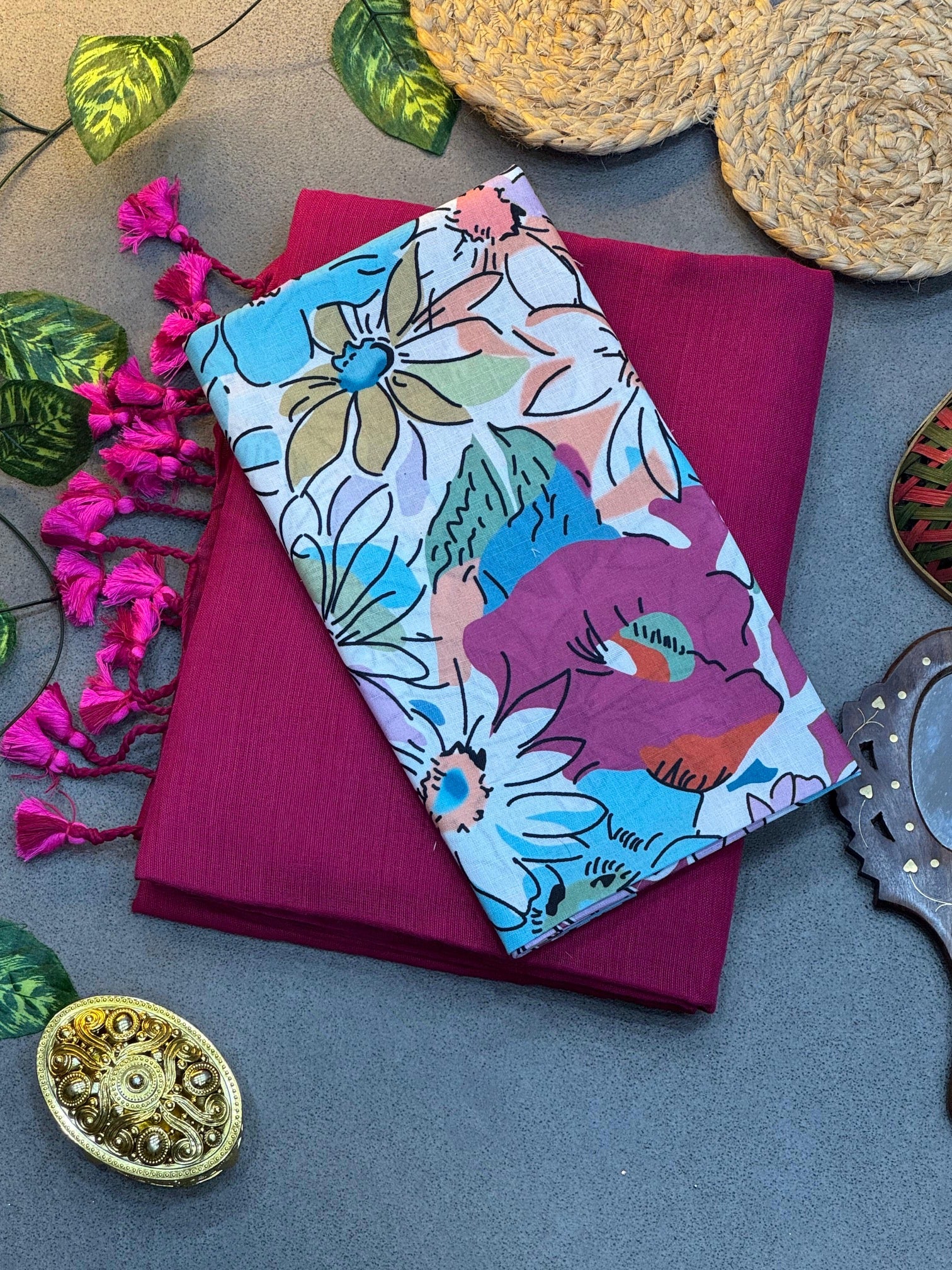 Solid Khadi cotton saree with contrast kalamkari/ajrak blouse piece