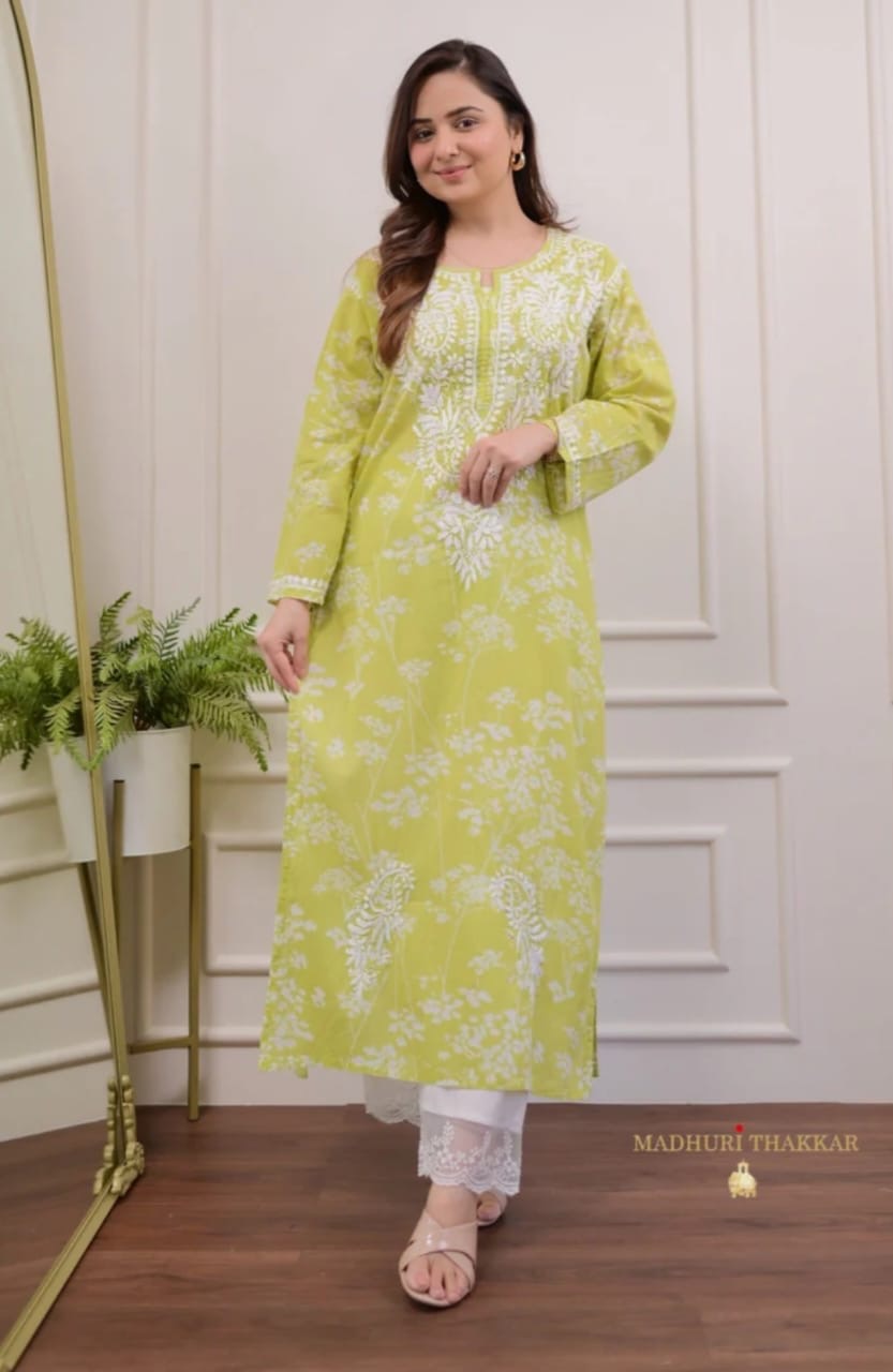 Pista & White Chikankari Kurta And Palazzo Set