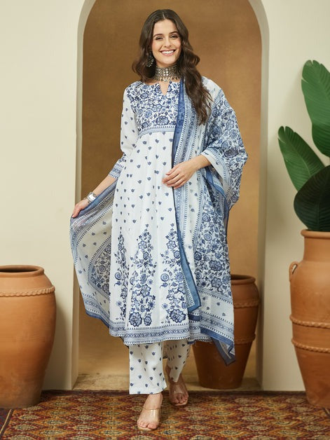 White & Blue Cotton Floral PrintedSemi Flared kurti set