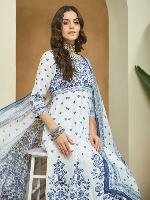 White & Blue Cotton Floral PrintedSemi Flared kurti set