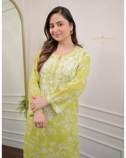 Pista & White Chikankari Kurta And Palazzo Set