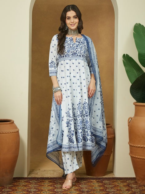 White & Blue Cotton Floral PrintedSemi Flared kurti set