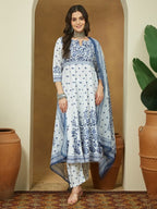 White & Blue Cotton Floral PrintedSemi Flared kurti set