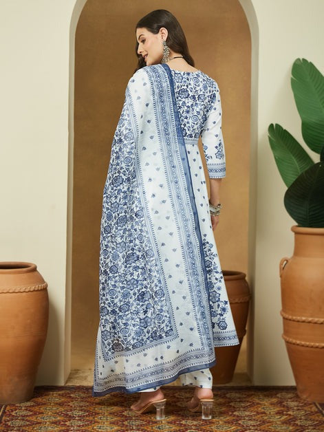 White & Blue Cotton Floral PrintedSemi Flared kurti set