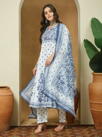 White & Blue Cotton Floral PrintedSemi Flared kurti set