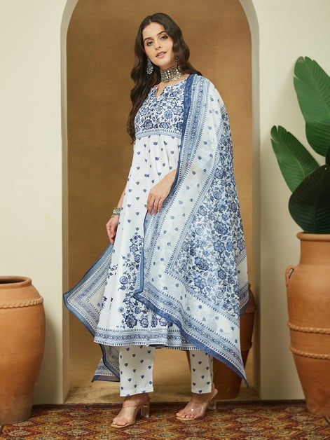 White & Blue Cotton Floral PrintedSemi Flared kurti set