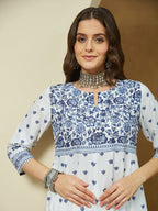 White & Blue Cotton Floral PrintedSemi Flared kurti set